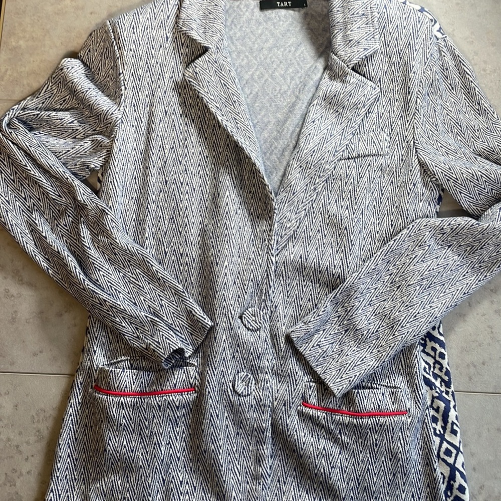 TART Jersey Knit Button Blazer Jacket Mixed Print Blue White Pockets Soft Small
